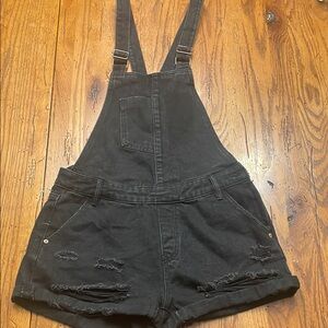 Black Distressed Denim Overalls (runs small)